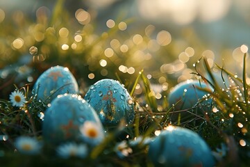 Easter eggs scattered in lush green grass, creating a vibrant and festive scene.


