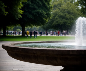 People walk in the park near the fountain. Generative AI