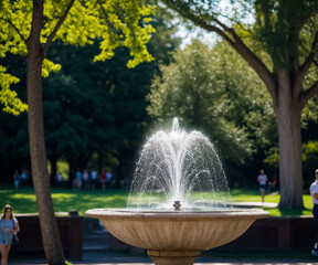 People walk in the park near the fountain. Generative AI