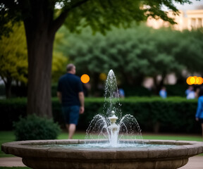 People walk in the park near the fountain. Generative AI