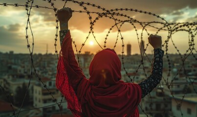 Person in red hijab behind barbed wire at sunset