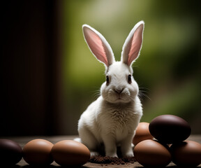 A white bunny sits next to two chocolate eggs. Generative AI