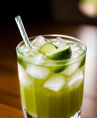 Green alcoholic drink in a glass with ice and lime. Generative AI