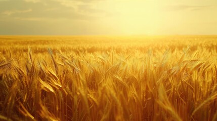 Obraz premium Golden wheat field at sunrise with a warm glow, symbolizing agricultural abundance, harvest, and natural beauty in rural landscapes.
