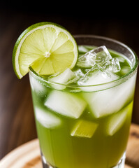Green alcoholic drink in a glass with ice and lime. Generative AI