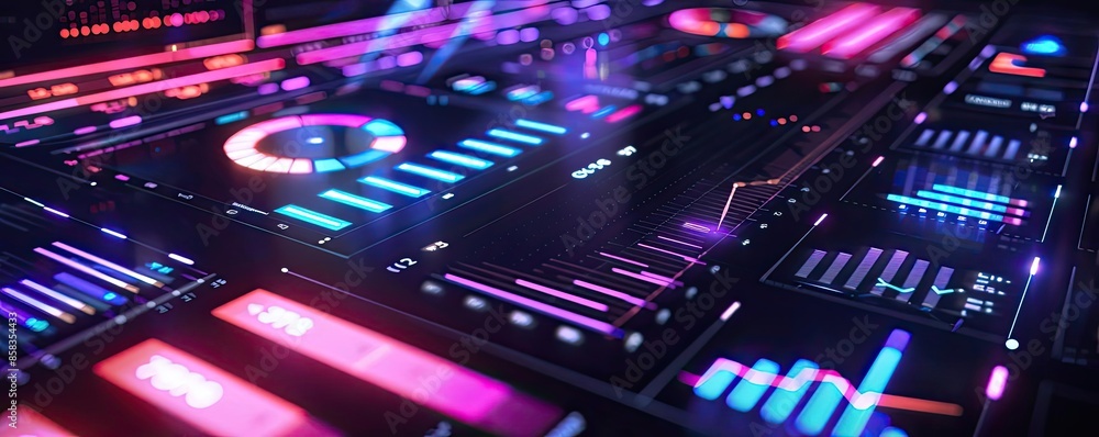 Aufkleber futuristic digital dashboard with vibrant neon lights and data visualizations, showcasing technology