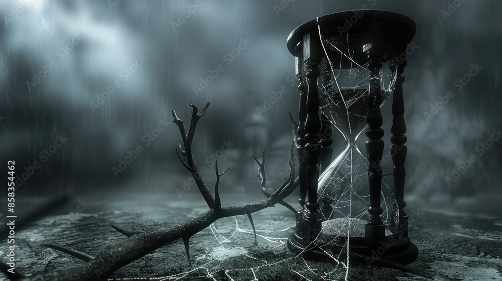 Poster uncertain future: an hourglass with a spider web crack pattern, set in a mysterious, foggy environme