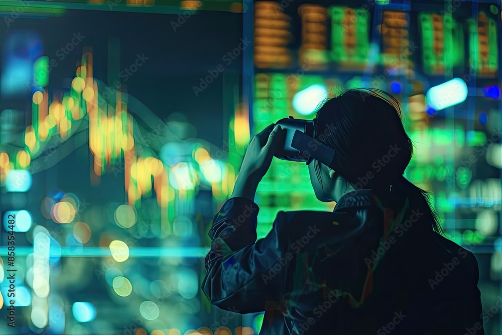 Poster person using vr headset for data visualization with stock market charts in the background, represent