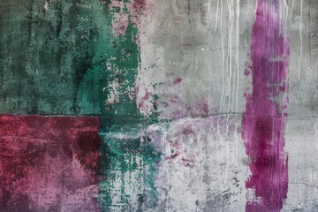 Wall with cracked and peeling paint showing multiple layers of green, red, purple, and white paint, creating an abstract textured background