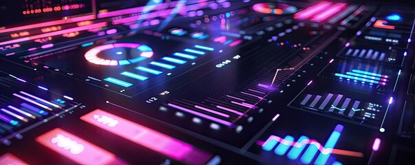 Obraz premium Futuristic digital dashboard with vibrant neon lights and data visualizations, showcasing technology and innovation in a modern interface design.