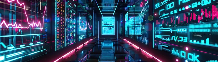 Fototapeta premium A futuristic data center with glowing digital displays representing financial metrics, stock market graphs, and data analytics.
