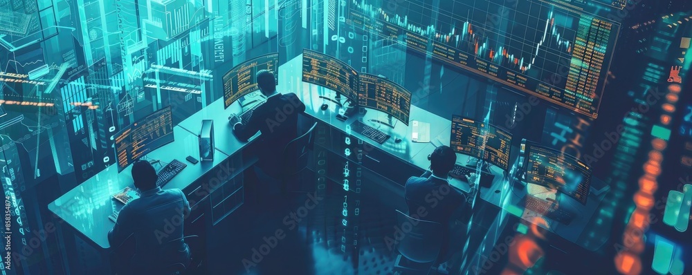 Poster team of traders working in a modern stock market office with multiple screens displaying financial d