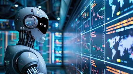 Futuristic robot analyzing global data on digital screens, showcasing advanced artificial intelligence and data technology.