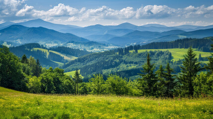 Stunning mountain views with lush green trees and meadows. Picture-perfect summer scenery in Sadecki Beskids, Poland.