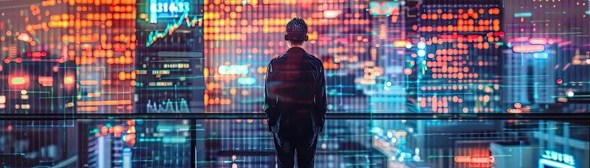 Fototapeta premium A person stands on a balcony overlooking a vibrant, futuristic cityscape at night, illuminated by colorful neon lights and digital displays.