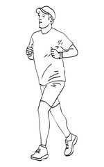 Casual citizen alone on wellness jogging, realistic contour drawing, vector hand drawn illustration isolated on white