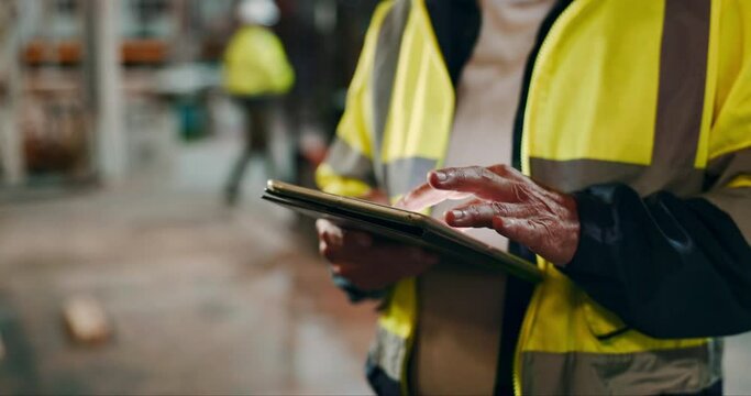 Tablet, hands of man and warehouse for check, online orders and stock control in factory. Logistics, supplier and male engineer with technology for manufacturing, select and inventory management