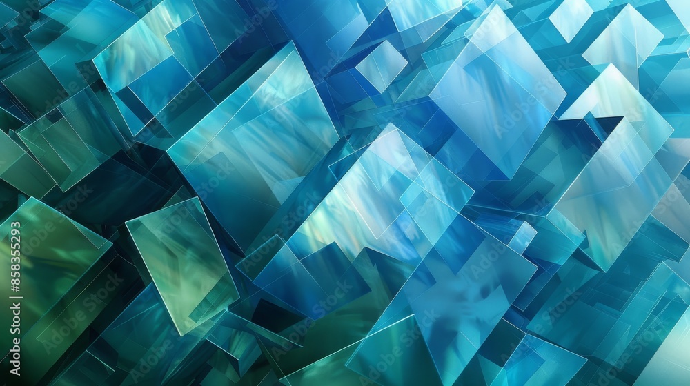 Poster a striking abstract background featuring geometric shapes in blue and green, resembling glass blocks