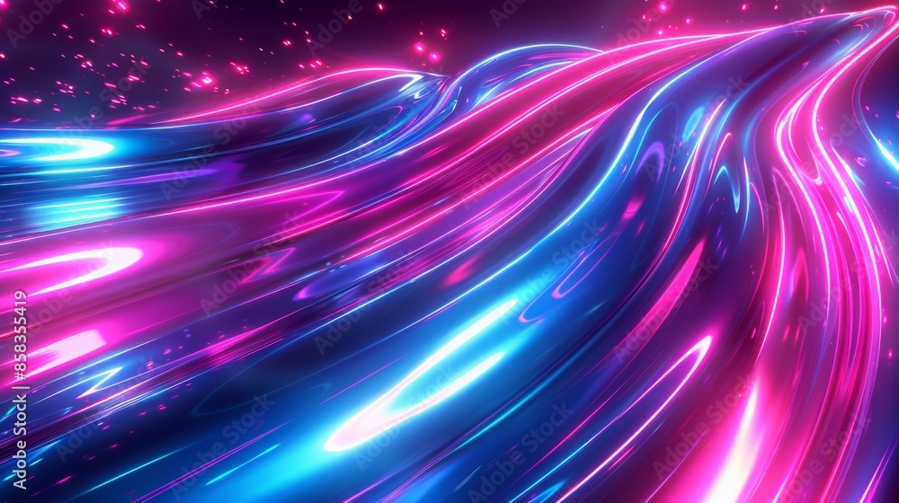 Poster a dynamic abstract background featuring neon pink and blue fluid waves with bright lights and reflec