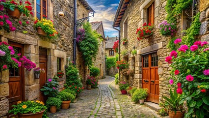 Winding alley in a European village with stone houses and blooming flowers , cobblestone, quaint