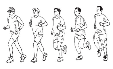 Group of casual young city men on wellness jogging outdoors, realistic contour drawing, vector hand drawn illustration isolated on white