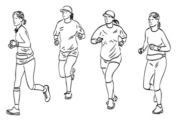 Group of casual young city women on wellness jogging outdoors, realistic contour drawing, vector hand drawn illustration isolated on white