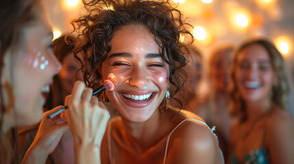 Joyful Friends Preparing for Celebration - Woman Applying Makeup in Mirror Amid Laughter and Happiness