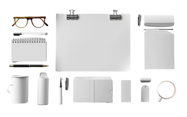 A flat lay of various office supplies, including a clipboard, notebook, pen, tape, and paper. A perfect image for back to school or business themes.
