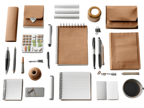 A flat lay of office supplies, including notebooks, pens, pencils, a calculator, and a cup of coffee.