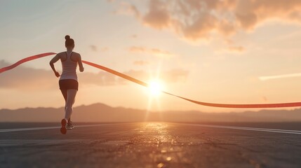 Runner crossing the finish line at sunrise, symbolizing achievement, victory, and the perseverance of personal goals.