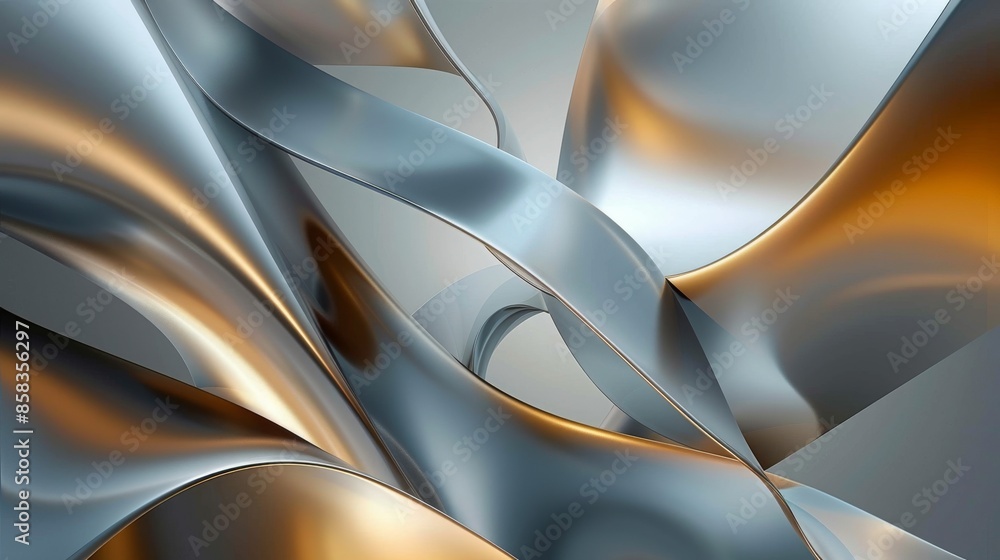 Poster abstract metallic waves in gold and silver creating fluid, dynamic shapes.