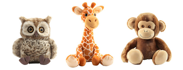 Three plush toys: an adorable owl, a cute giraffe, and a friendly monkey, sitting side by side. Isolated on transparent background.	