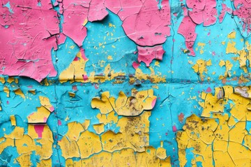 Vibrant mixture of pink, yellow, and blue cracked paint on a weathered wall creates a striking abstract design. The texture of the peeling paint adds depth and character to the image