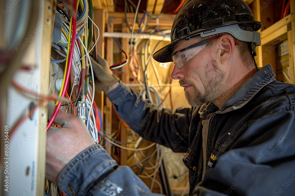 Poster A close-up image of an electrician working on electrical wiring in an open wall. The electrician is wearing safety gear and using tools to connect wires. Generative AI