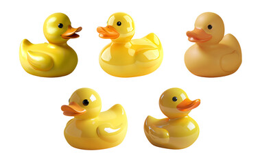 Five yellow rubber ducks with shiny surfaces, sitting in different poses. Isolated on transparent background.