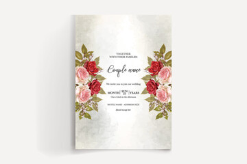 WEDDING INVITATION FRAME WITH FLOWER DECORATIONS AND FRESH LEAVES 