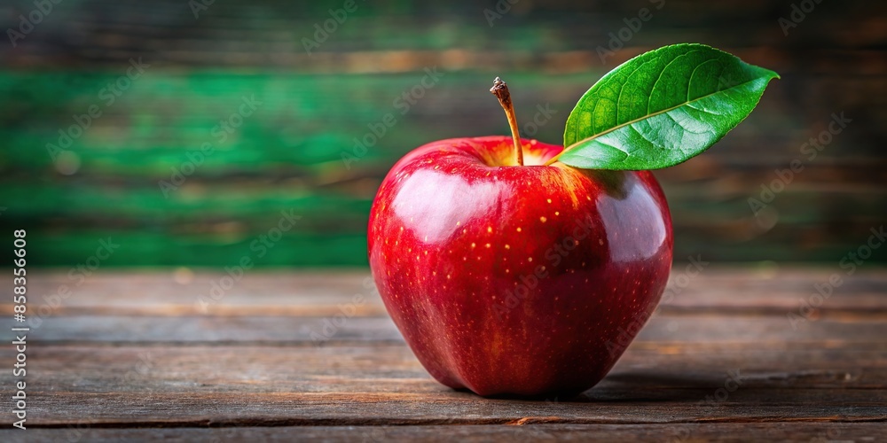 Poster Shiny red apple with a vibrant green leaf, fruit, healthy, fresh, organic, nutrition, agriculture, harvest, natural, beauty - Posters