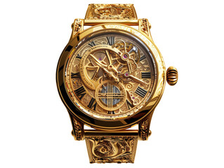 A luxurious gold wristwatch with intricate detailing and a visible mechanical movement. The watch features Roman numerals and a sophisticated design.