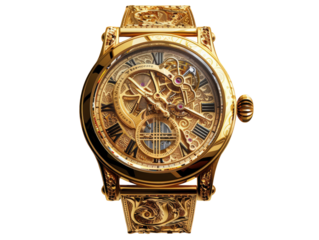 A luxurious gold wristwatch with intricate detailing and a visible mechanical movement. The watch features Roman numerals and a sophisticated design.