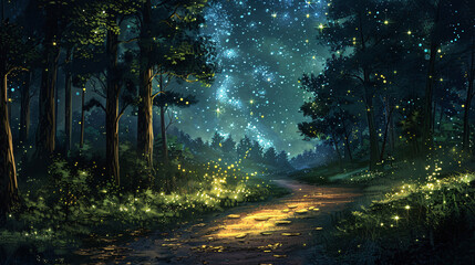Forest in the night illustration with starry sky , Landscape with alpine mountain valley.