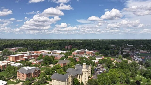 Aerial Timelapse of Wheaton college campus in downtown Wheaton 
