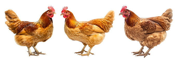 Three hens with rich brown feathers stand side by side, showcasing their vibrant plumage. Isolated on transparent background.