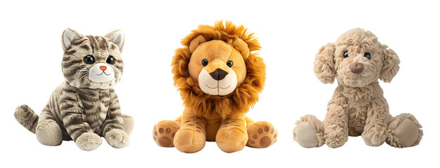 Three plush toys: a striped cat, a majestic lion, and a fluffy dog, sitting side by side. Isolated on transparent background.