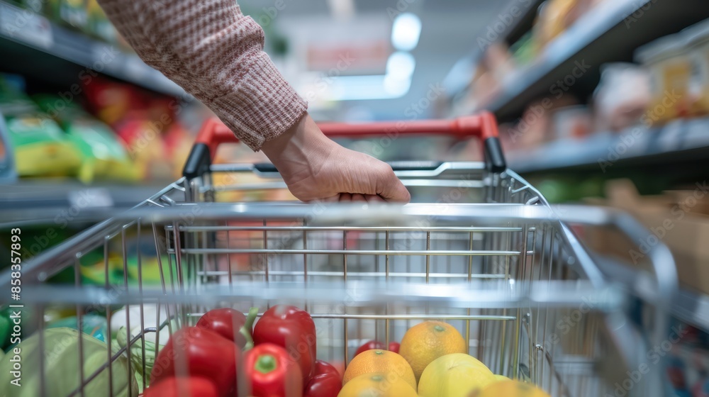 Poster a close-up of a shopperâ€™s hand placing items into a shopping cart in a supermarket, with a clean a