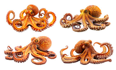 Fototapeta premium Four vibrant orange octopuses with detailed textures and dynamic poses, isolated against a white background, showcasing their tentacles.