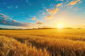 Obraz premium A beautiful golden wheat field bathed in the warm glow of the setting sun, with a vibrant blue sky and clouds in the background.