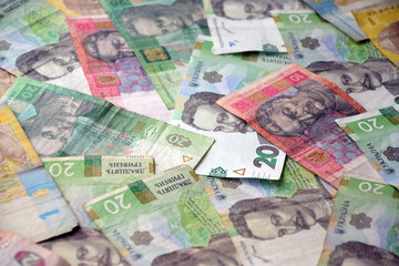 Processed collage of Ukrainian Hryvnia UAH bills banknotes texture. Background for banner