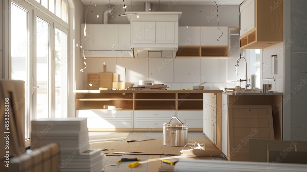 Poster A modern kitchen under renovation with new cabinets being installed and countertops in progress, showcasing the transition from old to new with a focus on quality and style. Generative AI