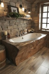 A luxurious wooden bathtub in a cozy cabin bathroom with rustic stone walls and elegant fixtures. 