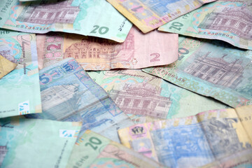 Processed collage of Ukrainian Hryvnia UAH bills banknotes texture. Background for banner